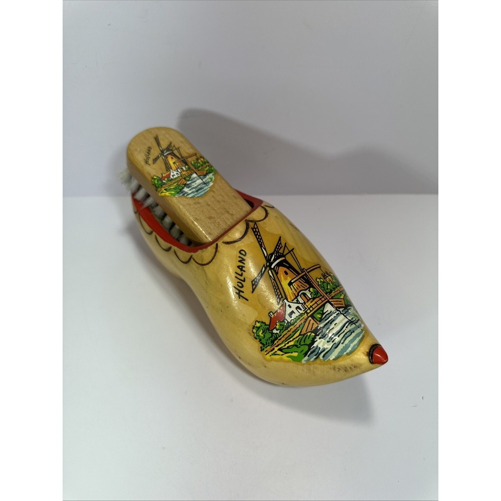Vintage Wooden Clog Shoe w Brush✨Hand Painted✨Windmill✨Folk Art✨ Tourist Decor